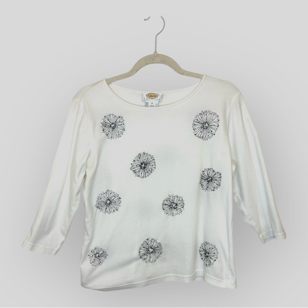 Talbots Petites White Embroidered Daisy Floral 3/4 Sleeve Top Spring Medium